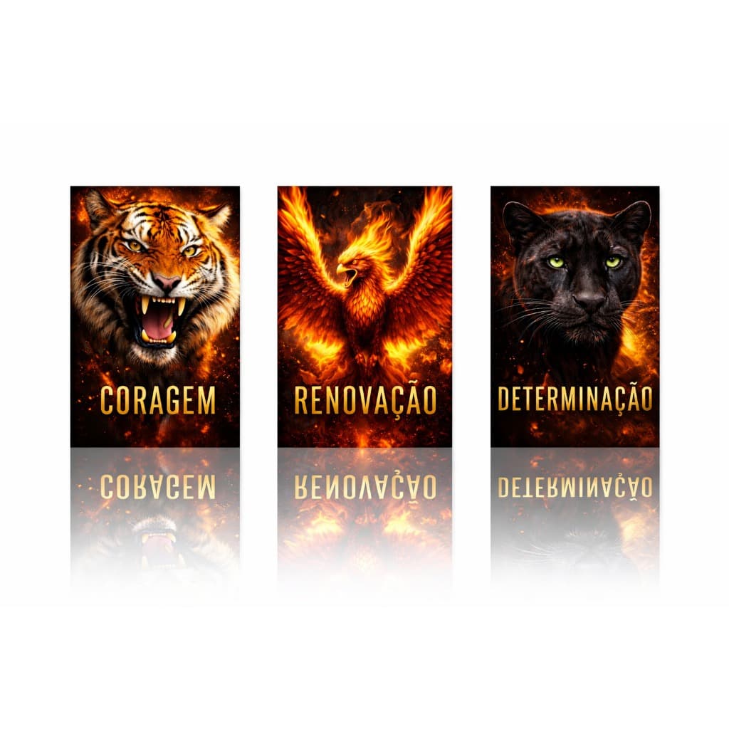 Kit 3 Quadros Decorativos Motivacional Fogo Animais Tigre Fênix Pantera Sala Quarto Escritório MDF