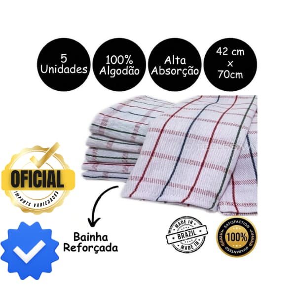 TOALHA DE PRATO XADREZ GRANDE 100% ALGODÃO, KIT COM 5 UNIDADES DE 42x70 cm