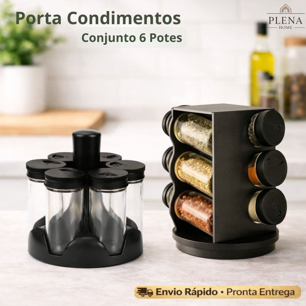 Porta Tempero Condimento Giratório Rotativo Tampa Dosadora Suporte 6 Pote Vidro Profissional