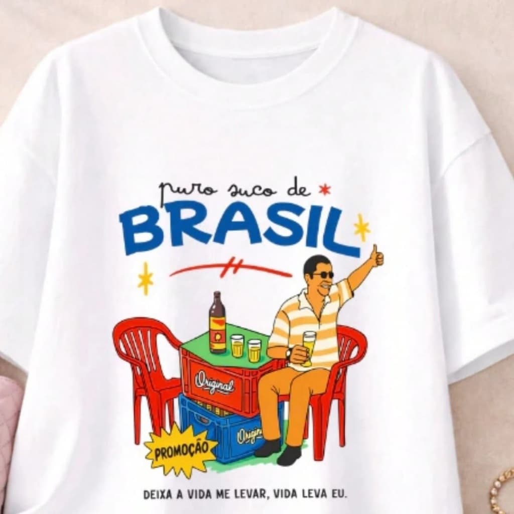 Camiseta de Algodão 100% Brasil Puro Suco Manga Curta Casual Confortável, Estampa Brasileira Streetwear