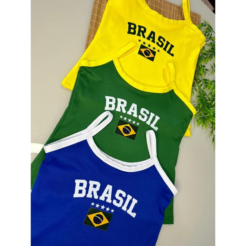 kIT 3 Regatas alcinha Feminina Brasil Copa Bandeira – Blusinha Canelada Torcida, Leve e Confortável