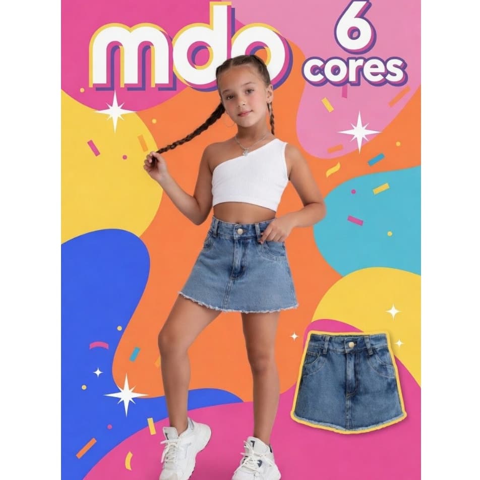 Short Saia Jeans Brim Infantil Menina Blogueirinha Moda Fashion Barra Desfiada Tendência Verão  6 Cores Tam 6 ao 16 anos