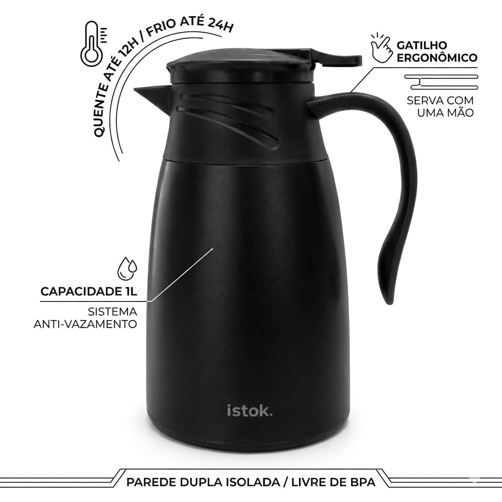Garrafa Térmica Preta Fosca 1L Café Chá Inox Luxo Conserva 12h