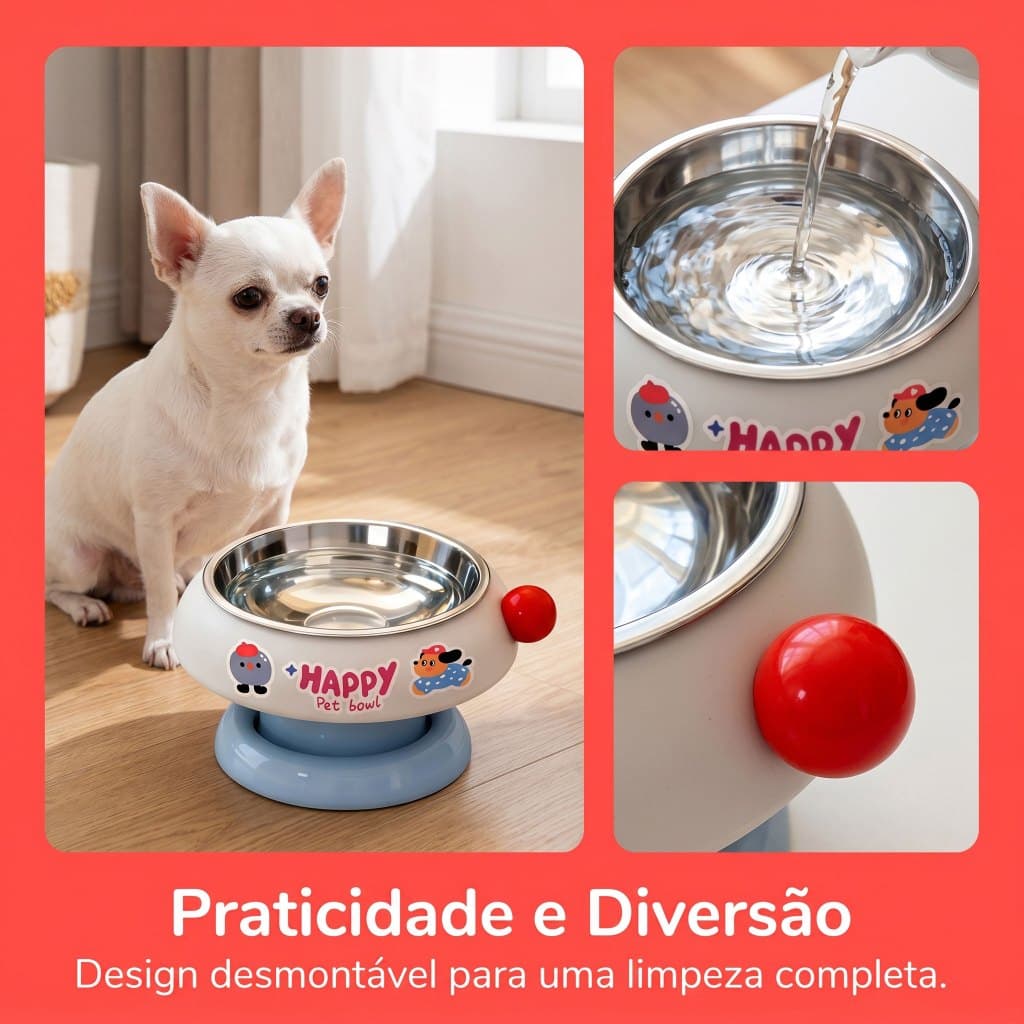 Tigela Elevada para Gatos e Cães de Pequeno Porte – Formato Cartoon em Aço Inoxidável