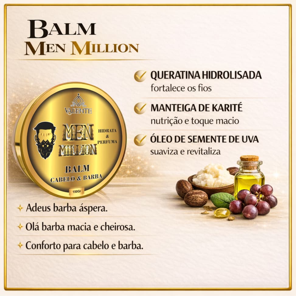 Balm Men Valente Hidratante para Barba e Cabelo Masculino 150gr Modela e Perfuma
