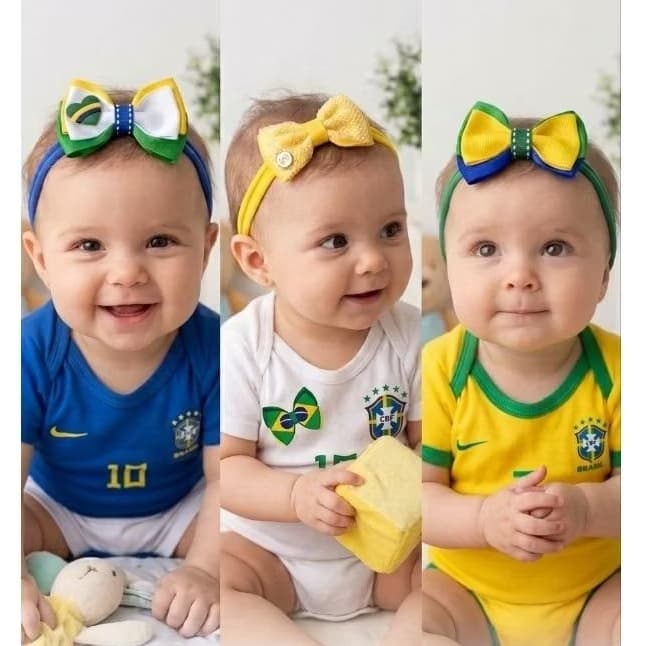 kit3 laços infantil Brasil/3 faixas/tiaras de bebê-Copa do Mundo/Amarelo, verde e azul/Tiara da meia de seda-Confortável