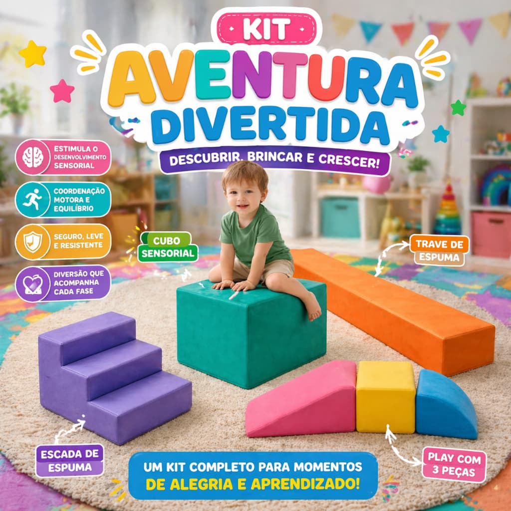 Kit Aventura Divertida Infantil Espuma – Cubo Sensorial + Trave + Escada + Play 3 Peças Montessori