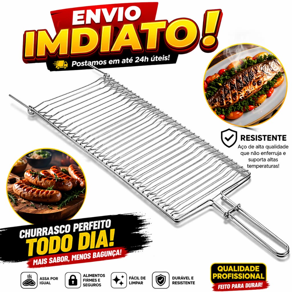 Grelha Abaluada Para Churrasco Assar Peixe Linguiça Carne Grelha Resistente Grande Agil