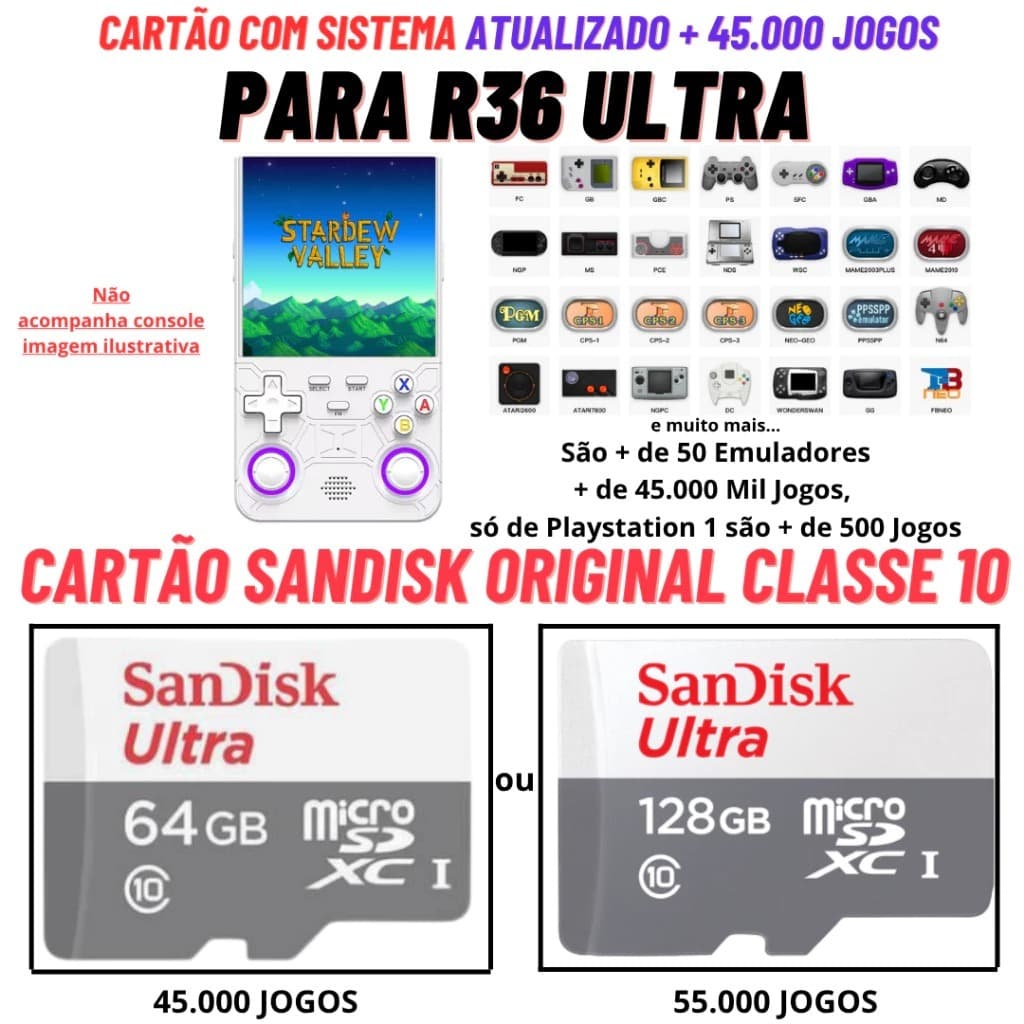 Cartão com Sistema DarkOS e Jogos para R36 Ultra Cartão Sandisk Original Classe 10 Cartão Tomate Original Classe 10