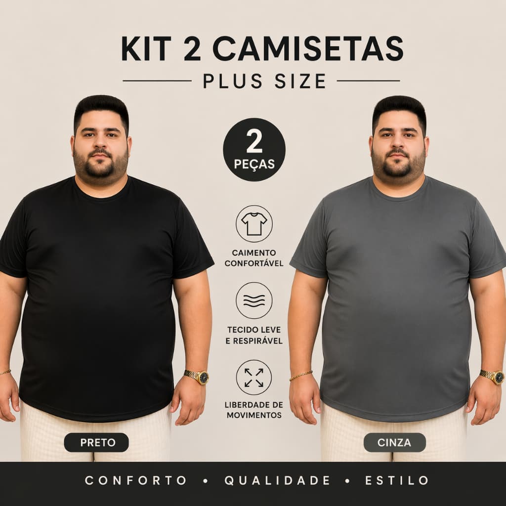Kit 2 Camiseta Masculina Plus Size Dry Fit Básica Esportiva para Treino com Proteção UV - Brousse