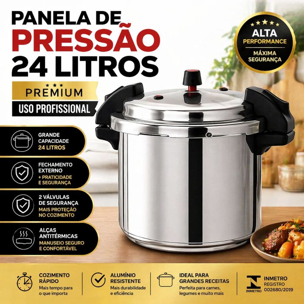 Panela de Pressão 24L Profissional Grande Capacidade Alumínio Reforçado 2 Válvulas Segurança Máxima