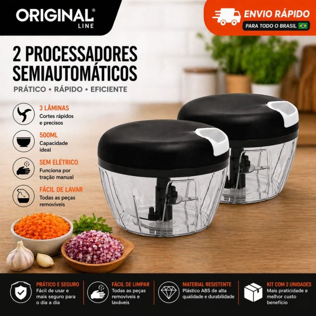 Processador Manual Semiautomático 500ml 3 Lâminas Triturador Alimentos Legumes Alho Cozinha Rápido