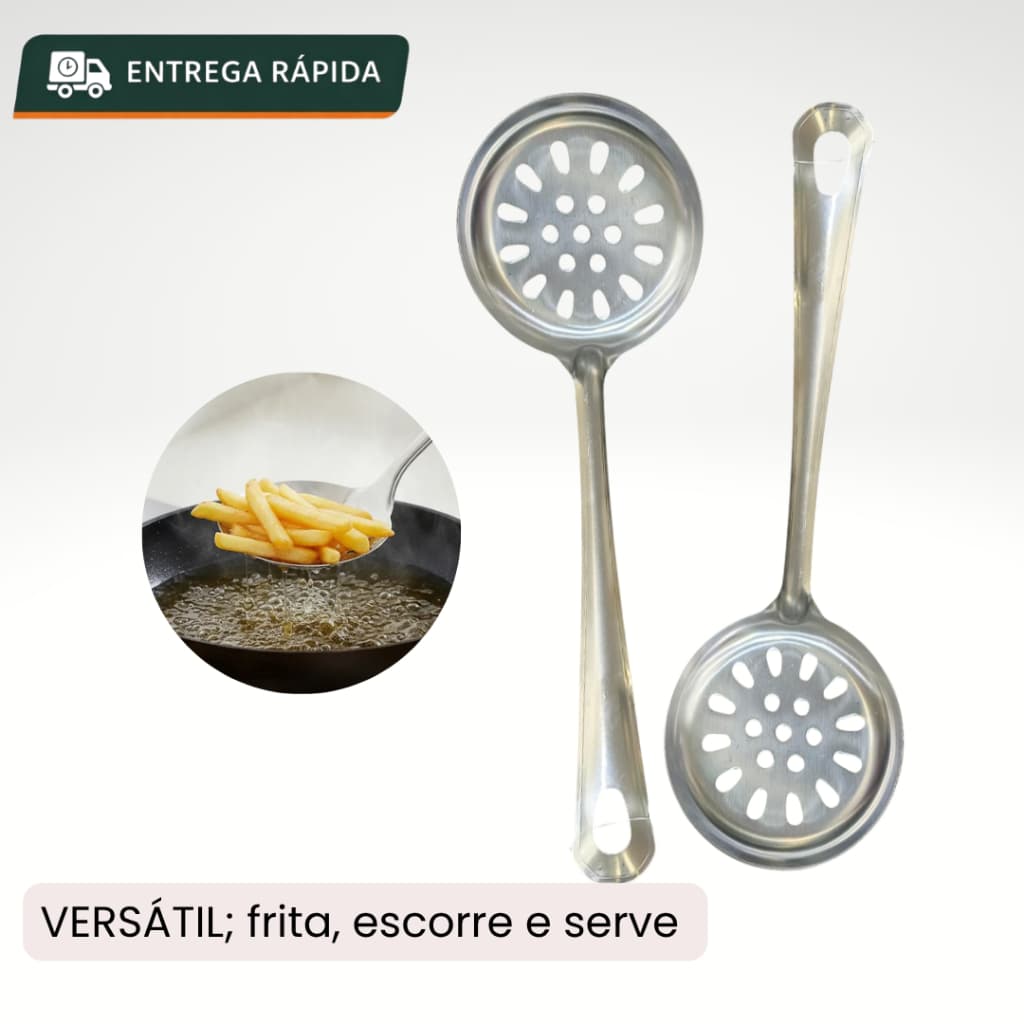 Escumadeira Inox Cozinha – Ideal Para Frituras Massas Escorrer, Servir Resistente Fácil Limpar