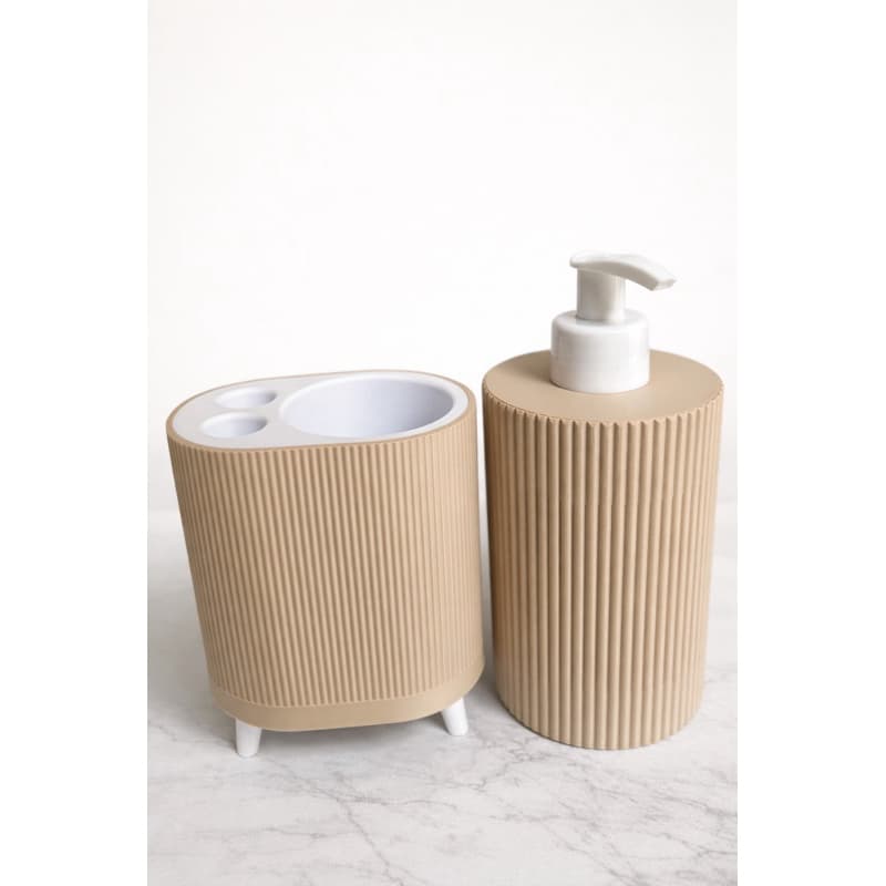 Kit Banheiro Porta Escova + Dispenser Sabonete Líquido Organizador Moderno Bege