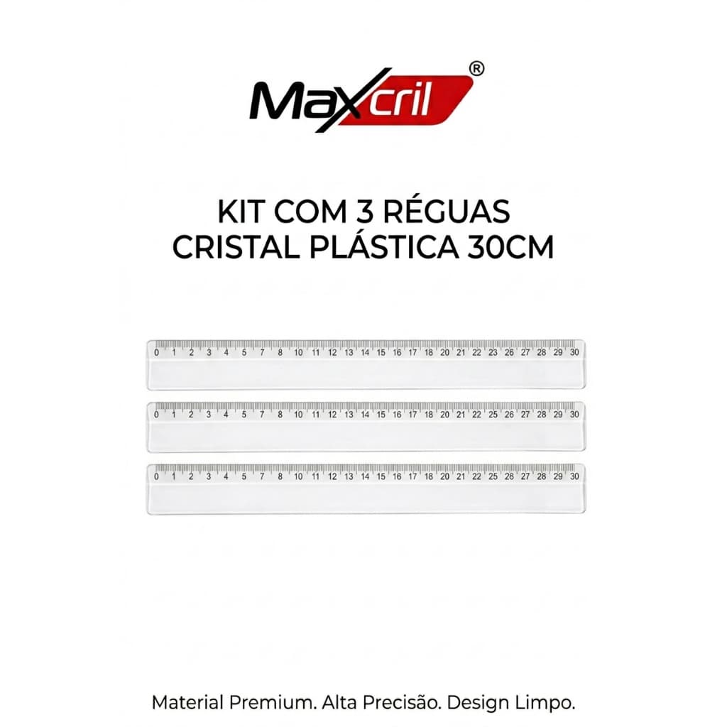 Régua cristal plástica 30 cm Kit 3 unidades - MaxCril