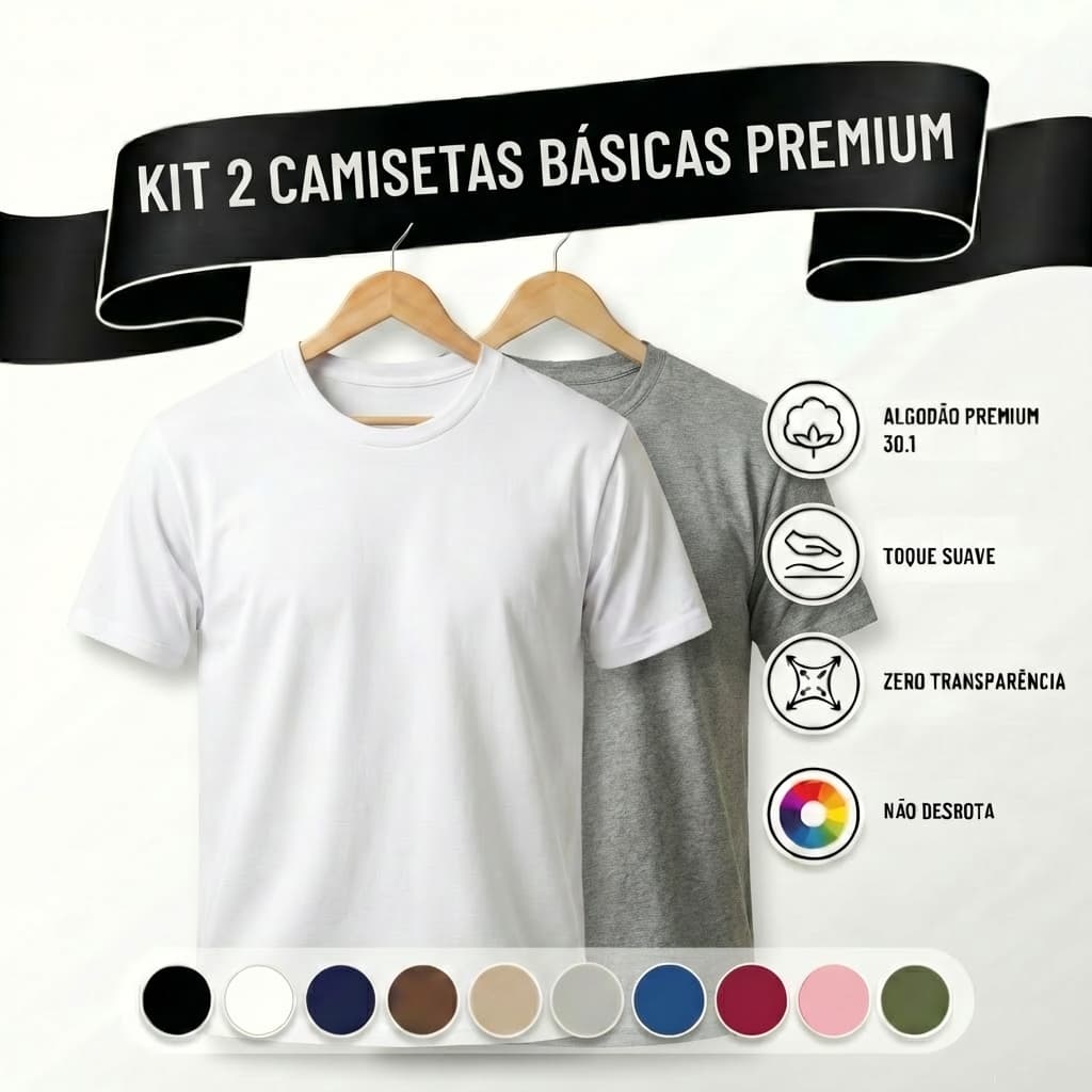 Camiseta Masculina Algodão Kit 2 Camisas Branca + Cinza Slim Básicas Gola Redonda Tribo