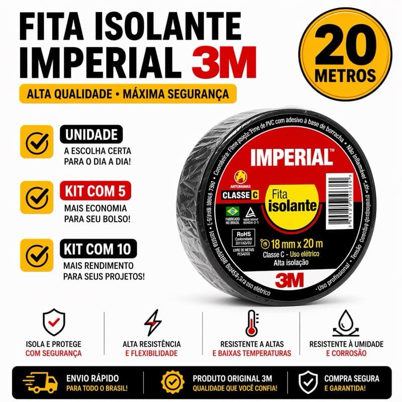 Fita Isolante Imperial 3M 20 Metros Profissional – Unidade / Kit 5 / Kit 10