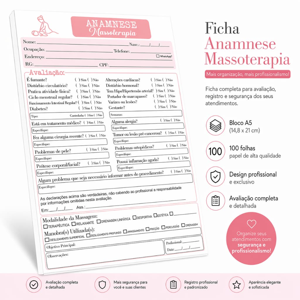 Ficha de Anamnese Massoterapia (100 FOLHAS)