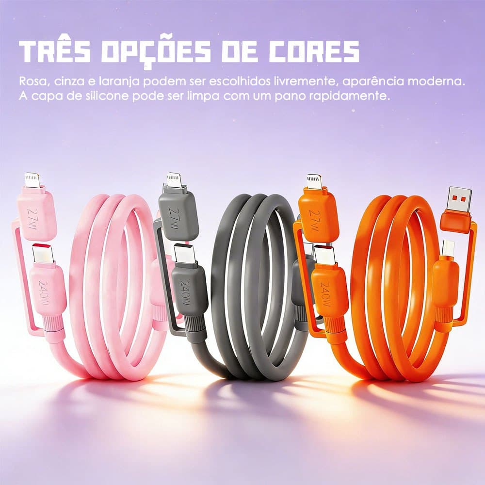 Cordão-Cabo 4 em 1 carregamento turbo PD 240W com alça, trava de zinco Para iPhone 15/16 e Android, universal e seguro