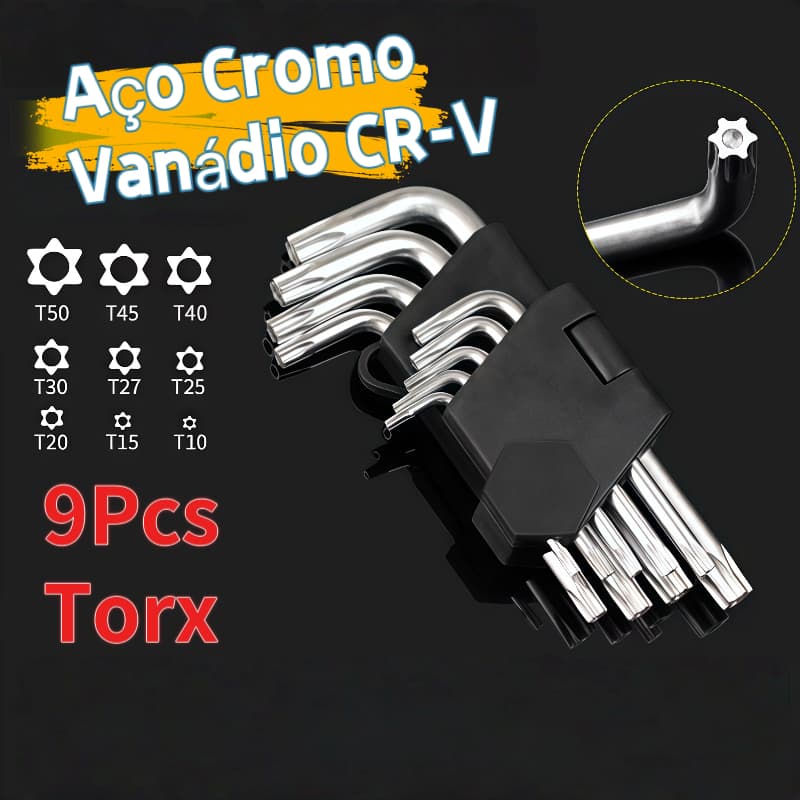 KIT 9 Peças Chave Torx Aço Cromo Vanadium T10 A T50
