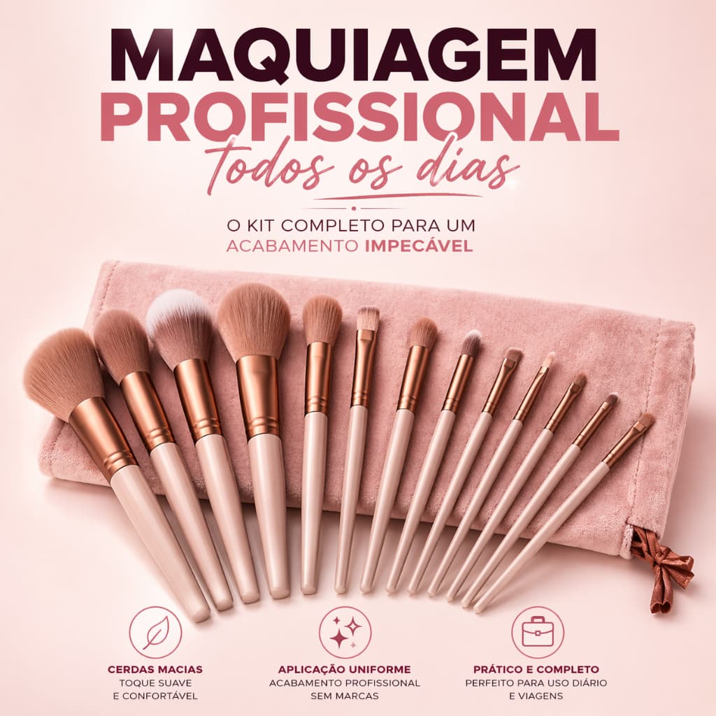 Kit Pincéis de Maquiagem 13 Peças Profissional Completo com Estojo Veludo Macio