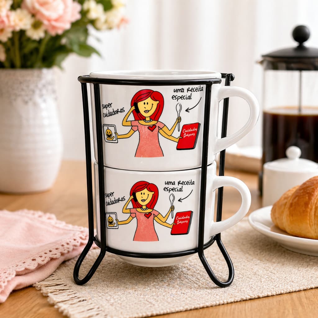 Presente Dia das Mães Kit Xícaras com Suporte | Surpreenda sua Mãe com Café da Manhã Especial