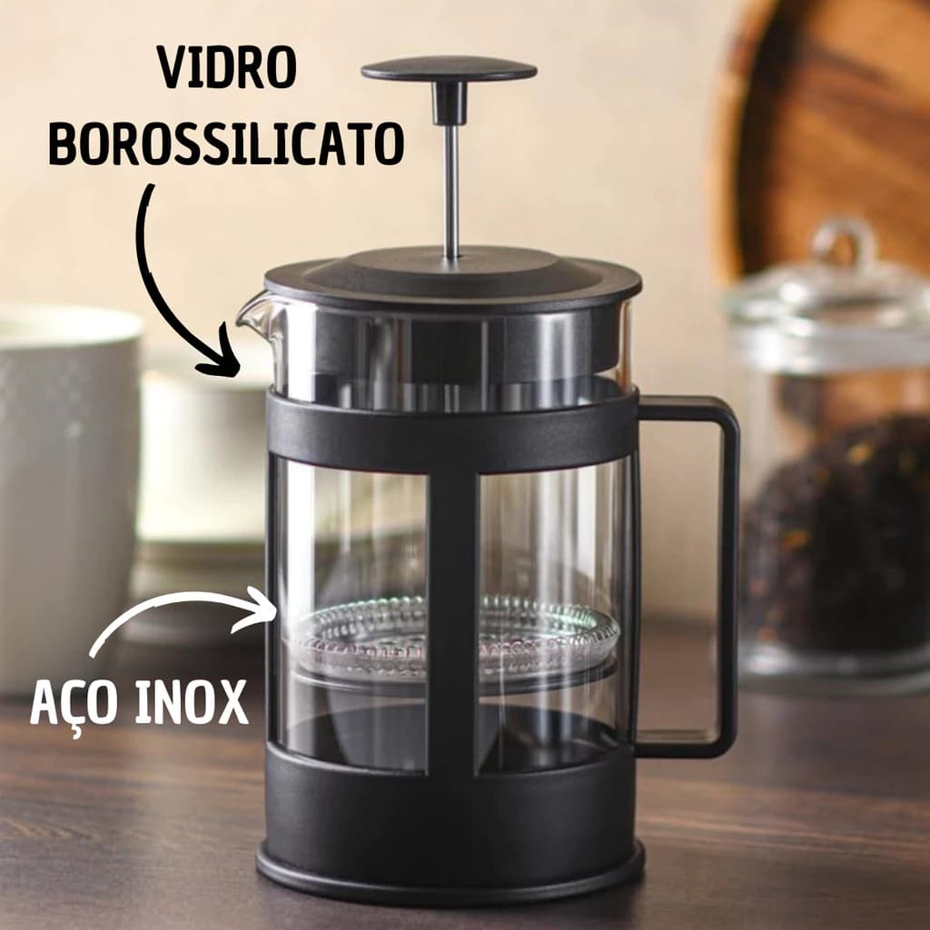 Cafeteira Prensa Francesa Vidro e Aço Inox Café Cremeira Chá 600ml Leite e Capuccino Cremoso Não precisa Filtro de Papel