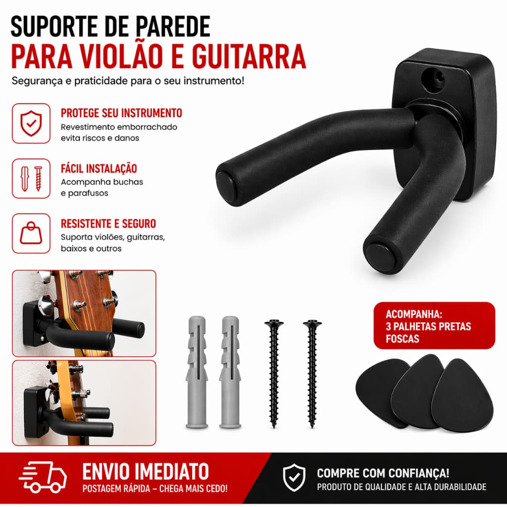 Kit Suporte de Parede Ajustável para Violão, Guitarra, Ukulele Emborrachado e Mais 3 Palhetas