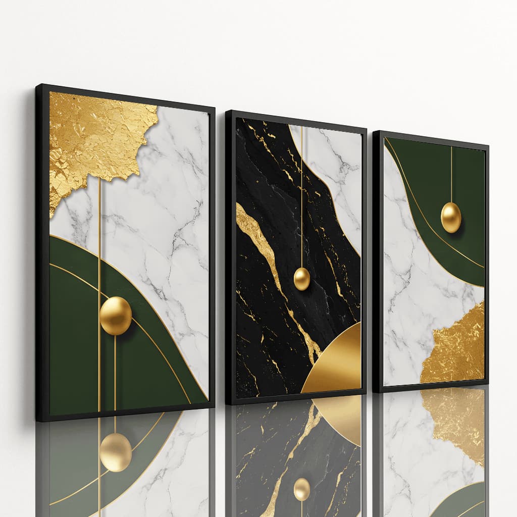 Quadro Decorativo 3 Peças Abstrato Verde Preto Dourado Mármore Moderno Luxo