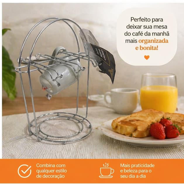 Porta Xícaras de Metal Cromado Suporte para 6 Xícaras | Organizador Cantinho do Café Chá