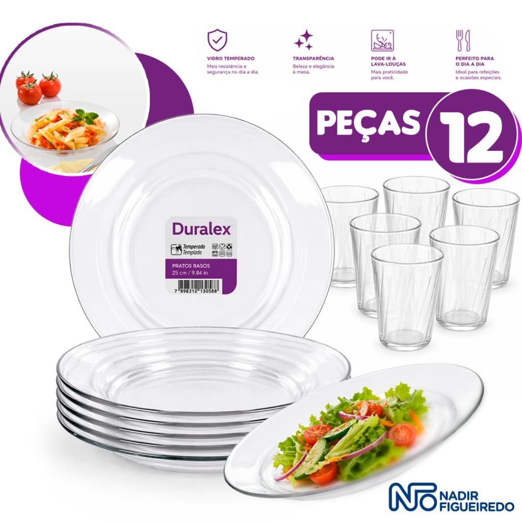 KIT jogo 12 Pçs 6 Pratos Astral Fundo Transparente Duralex e 6 Copos Amazon 190ml Vidro freezer geladeira