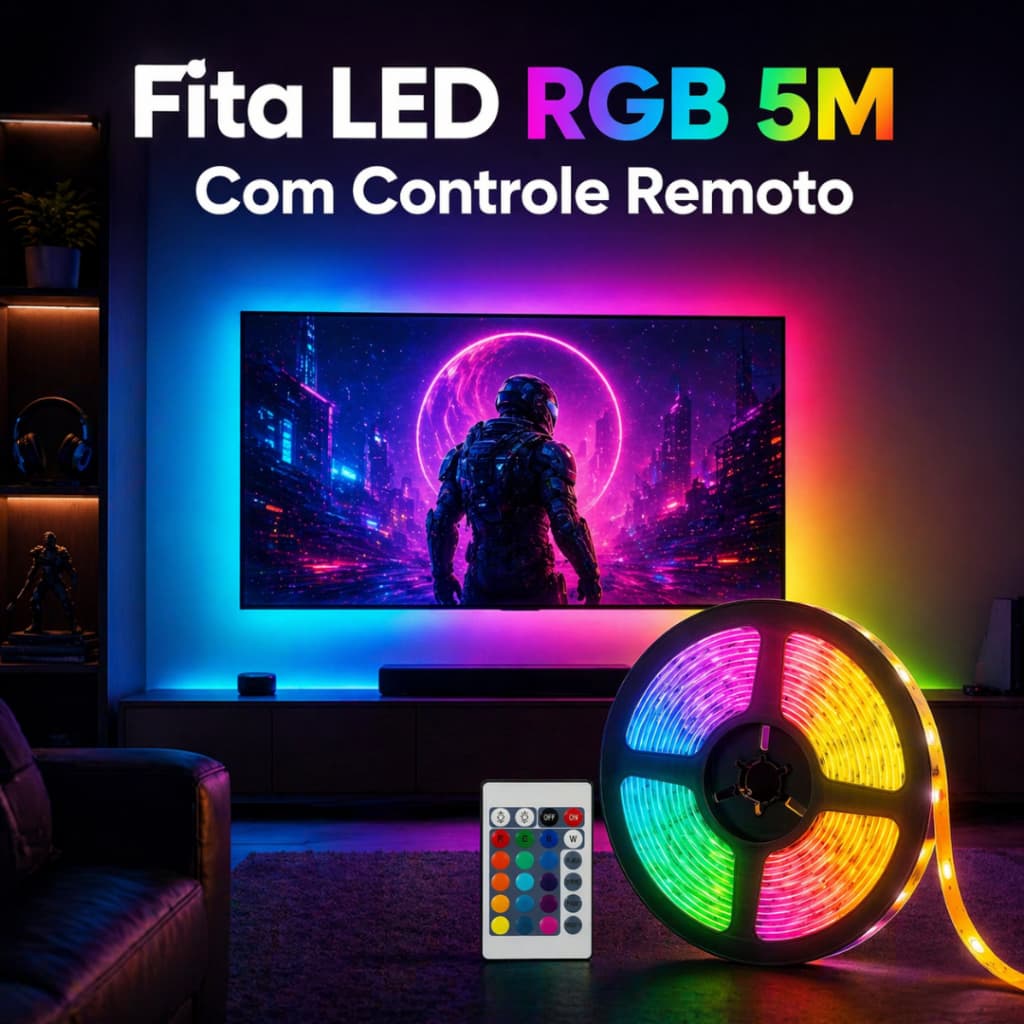 Fita LED RGB USB 5m IP65 com Controle Remoto 24 Teclas p/ TV PC Quarto
