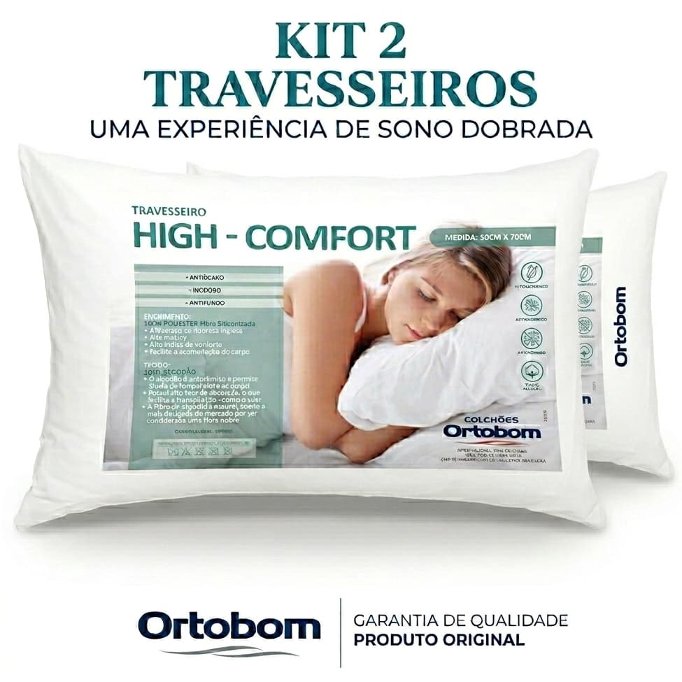 Kit 2 Travesseiros Ortobom Antialérgico Fibra Siliconada 100% Poliéster Tecido 100% Algodão Antiácaro Macio