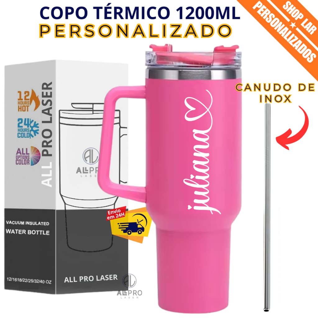 Copo Térmico 1200ml Com  Canudo Inox Personalizado a Laser Com Nome