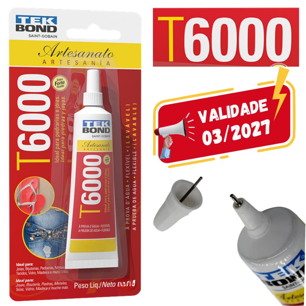 Cola Artesanato T6000 Tekbond - Transparente Jóias, Pedraria Cristal Bico Anti-entupimento