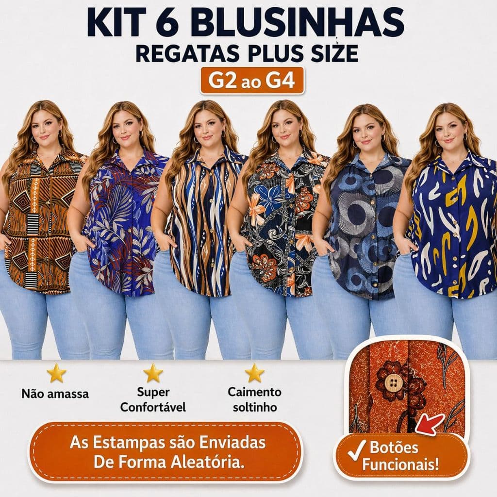 Kit 6 Regatas Feminina Plus Size Top Vendas Conforto Garantido G2 ao G4 Atacado