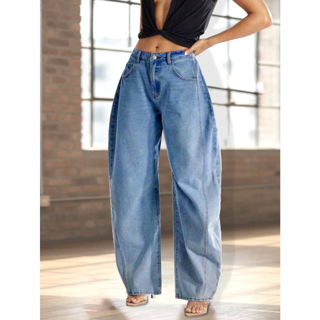 Calça Jeans Feminina Wide Leg Baggy Estilo Mom Balão Barrel Cintura Alta Lançamento