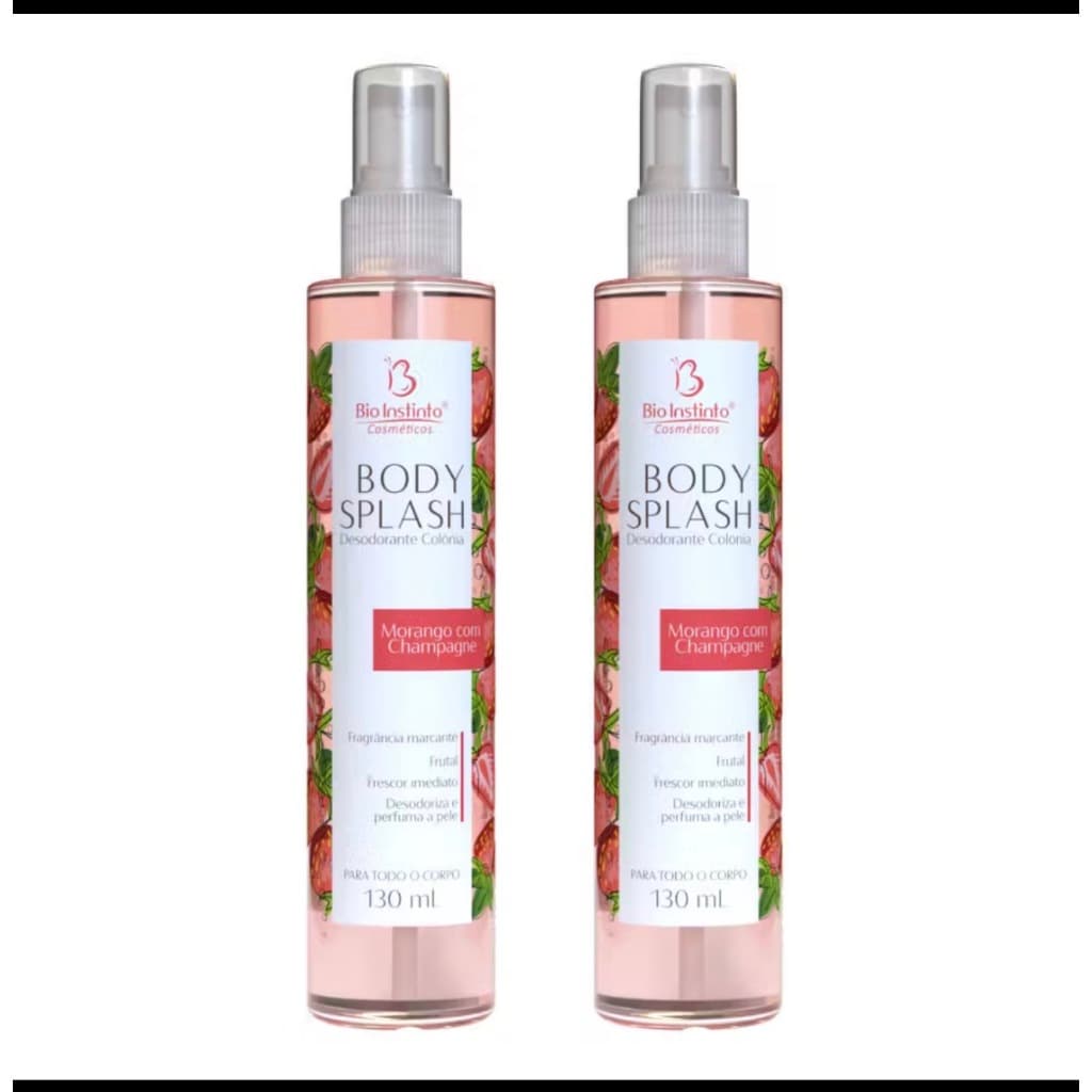 Kit 2 Body Splash Bio Instinto Morango com Champagne 130ml Perfume Desodorante Corporal Fragrância Frutal Sedutora