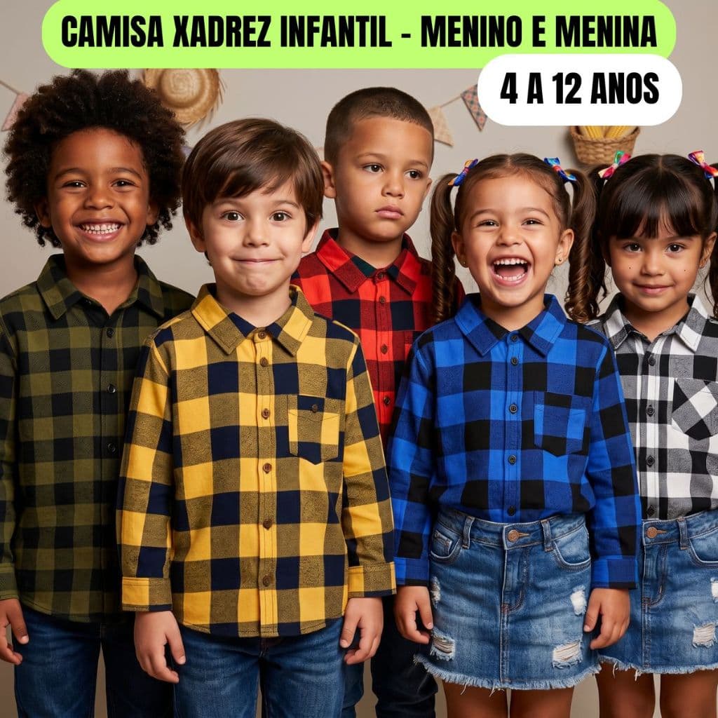 Camisa Xadrez Infantil Menino Menina Flanelada Manga Longa Country Vermelha Azul Amarela Preta Cinza Festa Junina