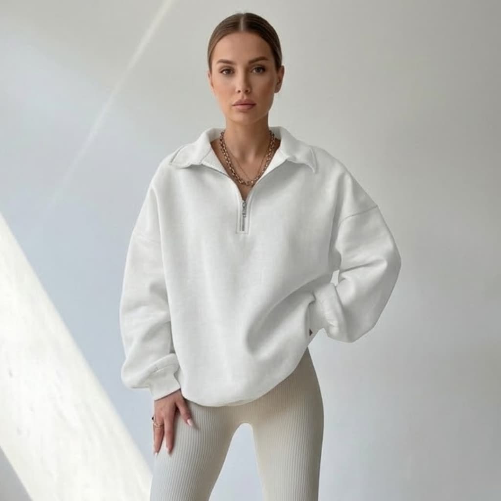 Moletom Feminino Peluciado Gola Alta com Zíper Inverno Oversized Casual
