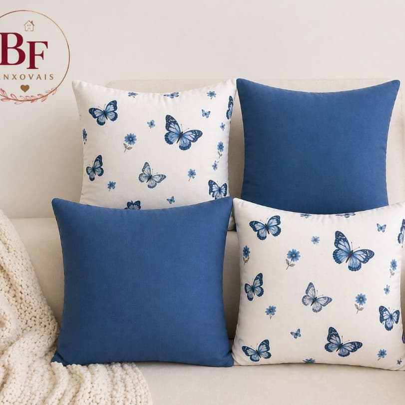 Kit 4 Capas de Almofadas Decorativas Borboleta, Cerejinha e Coração 45cm x 45cm