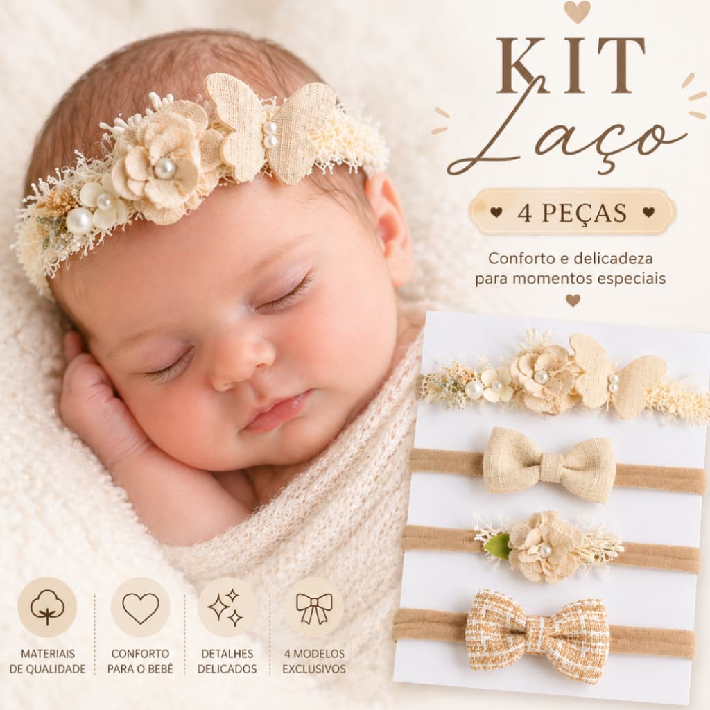 Kit 4 tiaras tecido linho Meus Primeiros Lacinhos, Faixinhas para Bebês Maternidade recem nascido
