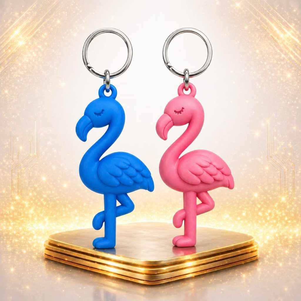 Chaveiro flamingo 3D em PLA premium, leve e resistente, disponível nas cores azul e rosa. Ideal para presente criativo!