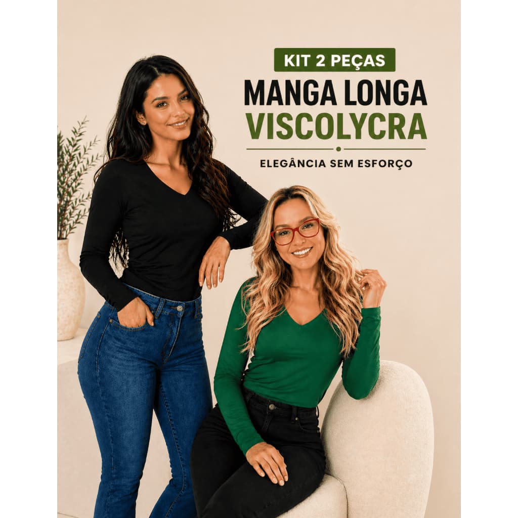 Kit 2 Blusas Feminina Manga Longa em Viscolycra Gola V T-Shirt Segunda Pele