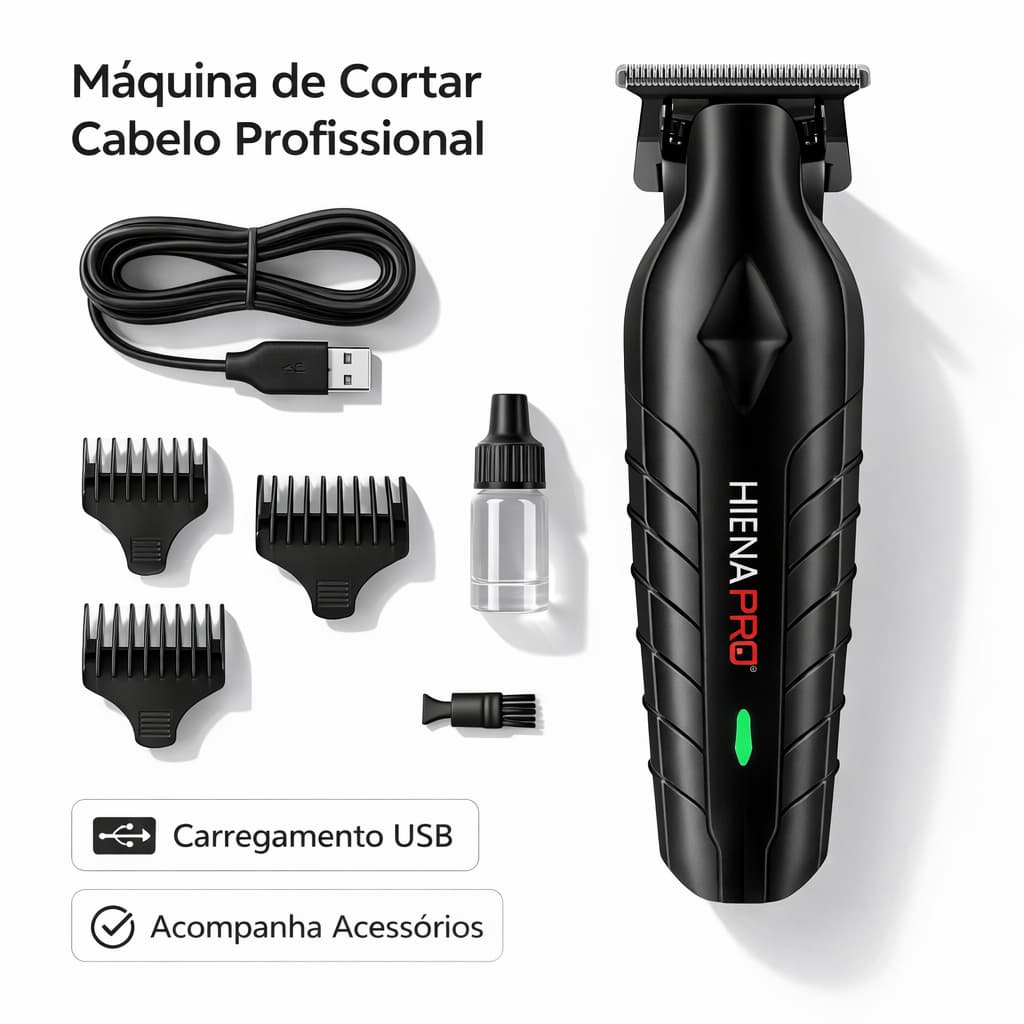 Máquina de Cortar Cabelo Profissional Sem Fio Aparador de Barba e Pelos Recarregável USB À Prova d’Água com Acessórios