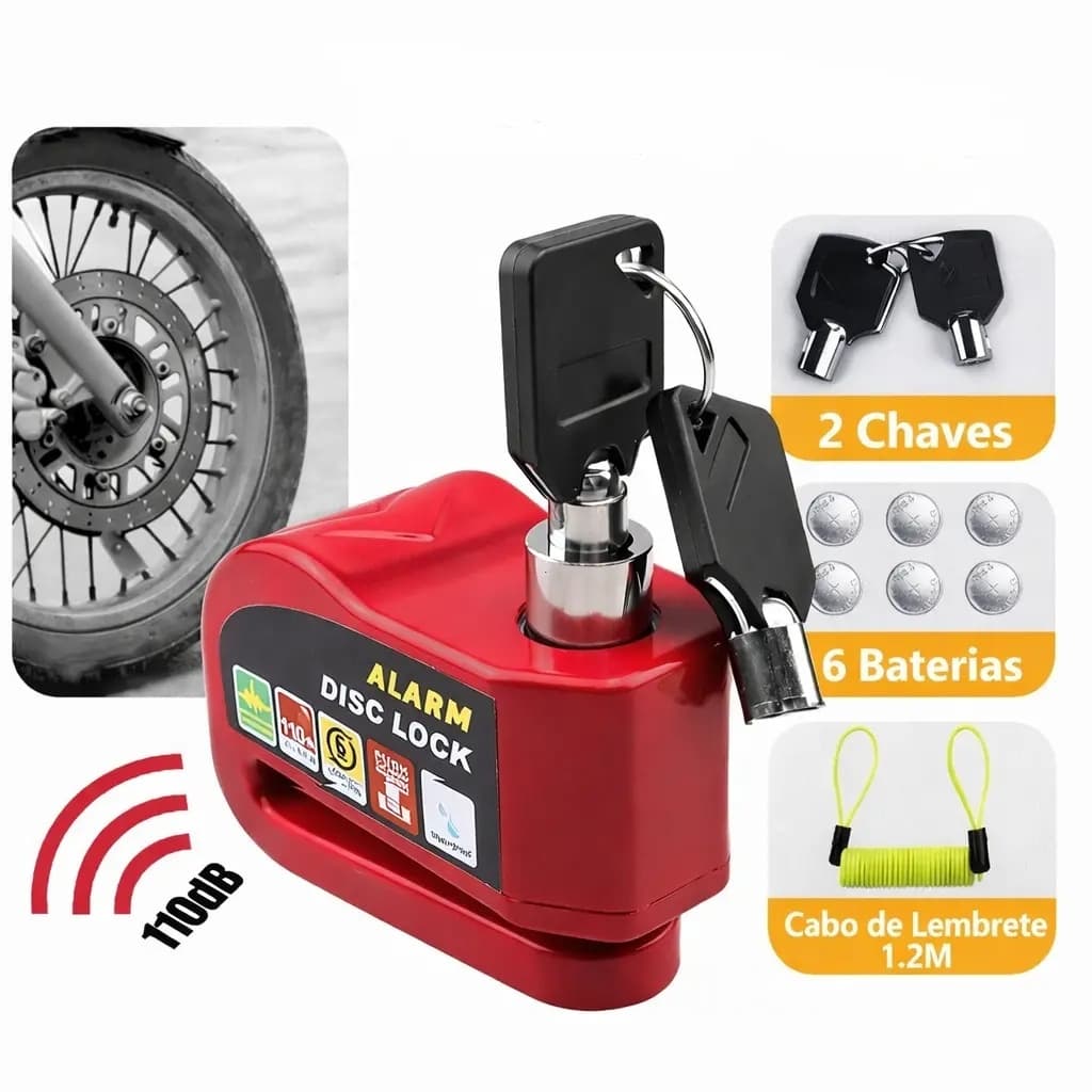 Trava de Disco em Liga de Alumínio Com Alarme 110dB Antifurto para Moto/Bike à Prova dÁgua Universal
