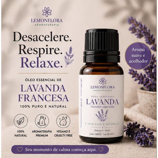 Óleo Essencial de Lavanda Francesa 100% Puro e Original | Aromaterapia Natural | Relaxamento, Sono, Calma e Equilíbrio