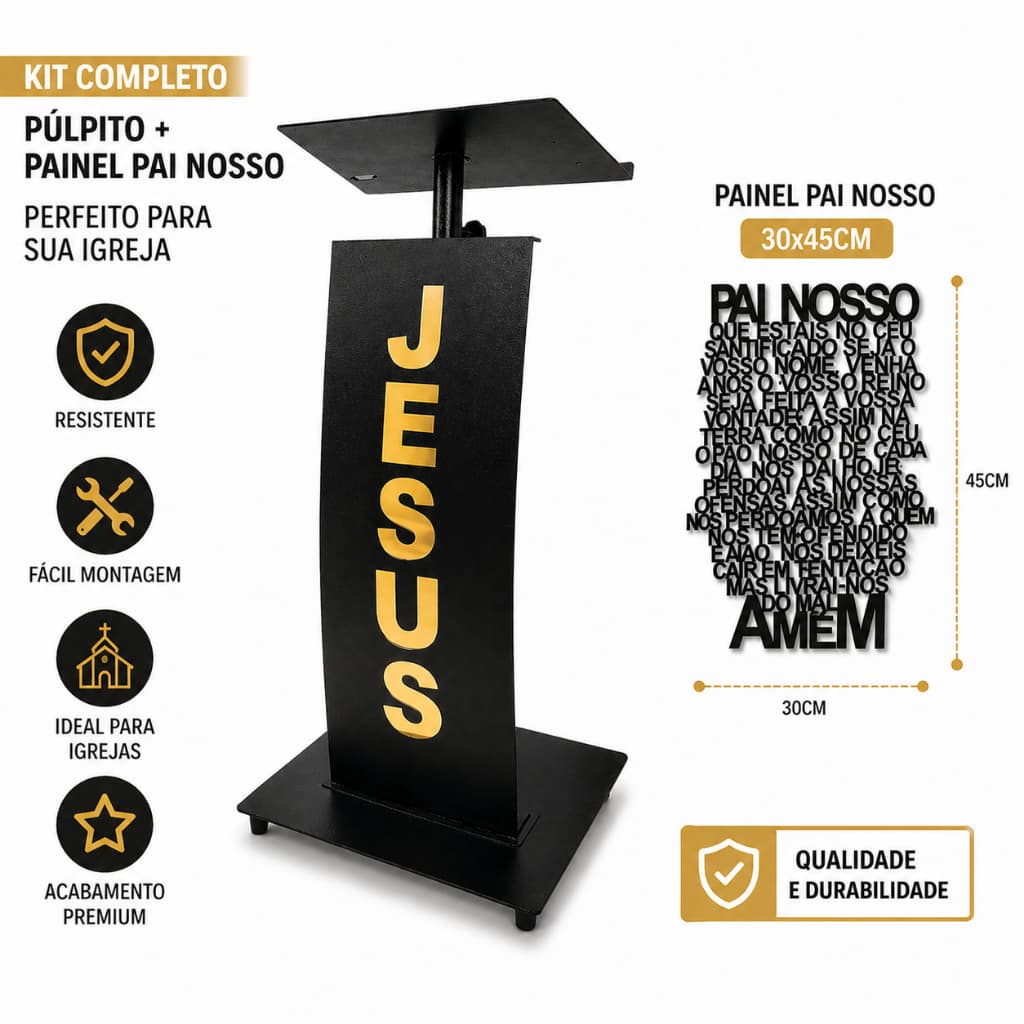 PULPITO ALTAR REFORÇADO DE METAL ACRILICO DESMONTAVEL+ PAINEL DECORATIVO PAI NOSSO DE METAL