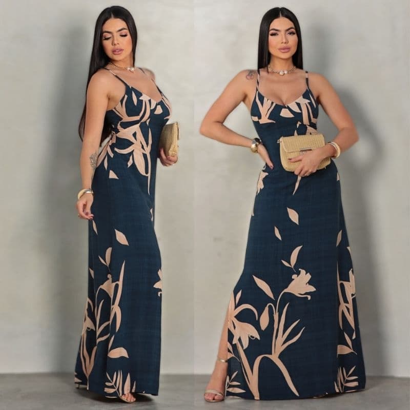 VESTIDO FEMININO LONGO, Com Fenda, Amarração nas costas- Alça Ajustável -Tecido VISCOLINHO