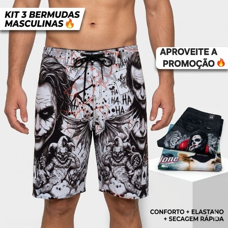 KIT 3 Bermudas Masculinas Elastano 🔥 Confortáveis, Secagem Rápida, Bolso com Zíper | Promoção Shopee